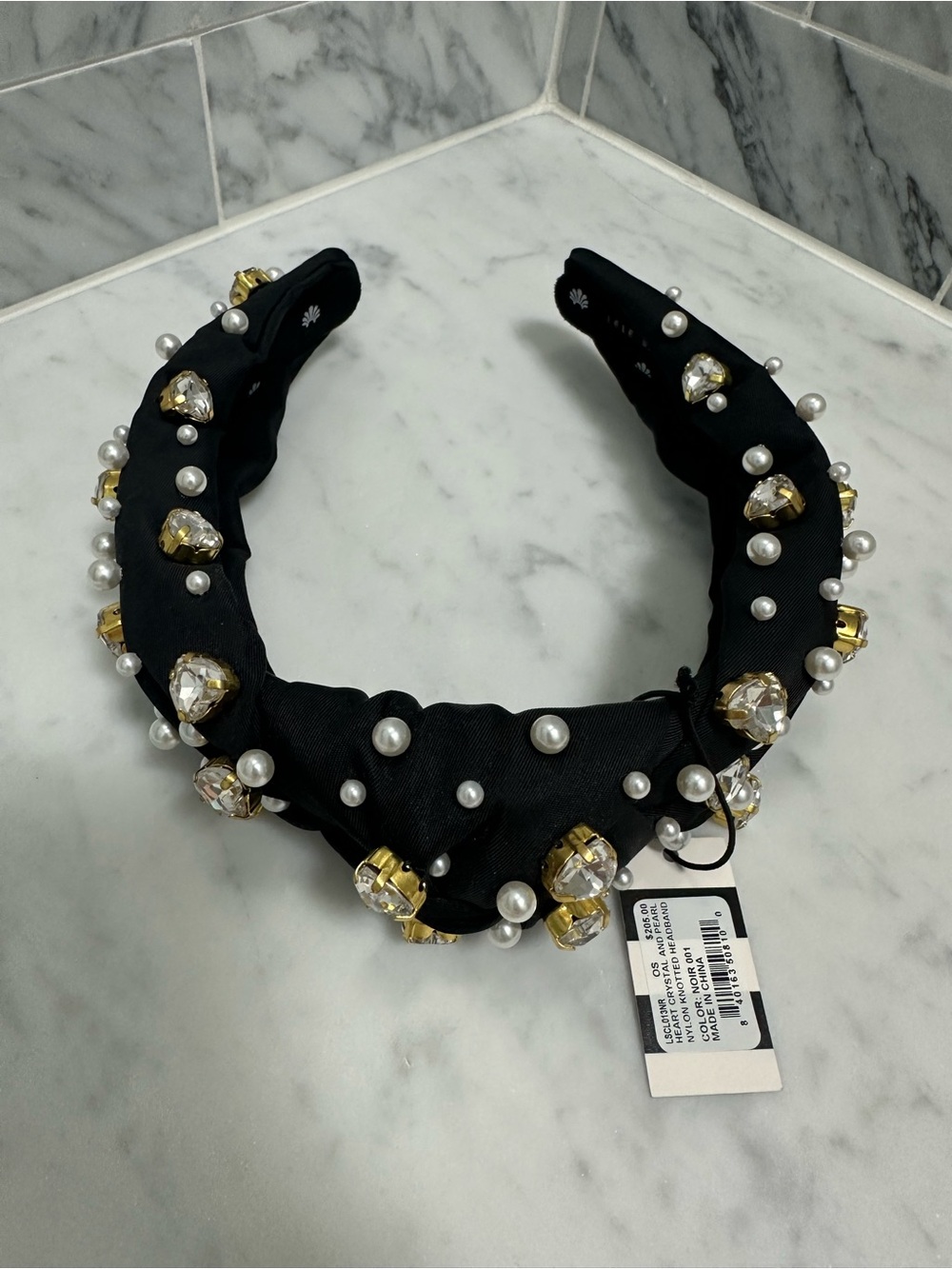 Lele Sadoughi Black Headband with Pearls & Gold Crystals - Picture 2 of 3